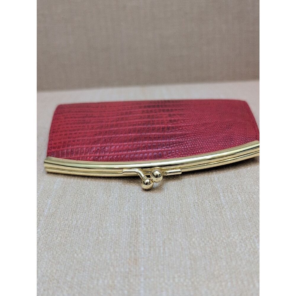 Vera Pelle Red Reptile Textured Leather Kiss Lock Clutch Wallet - Picture 6 of 8